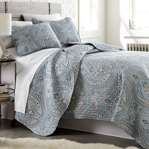 Oversized Quilt, Paisley Quilt, King Quilt Sets, Microfiber Bedding, Fine Living, Ruffle Bedding, Lightweight Quilt, Color Aqua, Quilted Sham