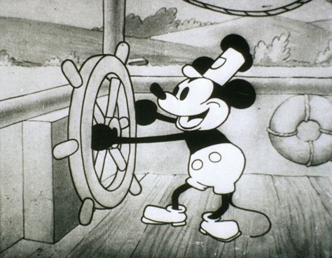 Walt Disney’s 1928 film Steamboat Willie. Disney Viejo, Wallpaper Do Mickey Mouse, Miki Fare, Mickey Mouse Steamboat Willie, Vintage Cartoons, Bd Art, Mickey Mouse Cartoon, Steamboat Willie, Mickey Mouse Wallpaper