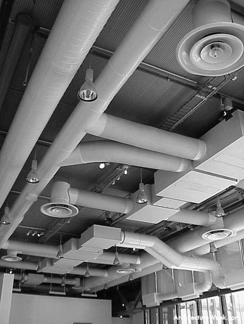 Exposed Ceiling Services                                                                                                                                                      More Office Ceiling Light, Exposed Ductwork, Hvac Ductwork, Exposed Ceiling, Hvac Design, Office Lighting Ceiling, Exposed Ceilings, Grey Ceiling, Light Diffuser