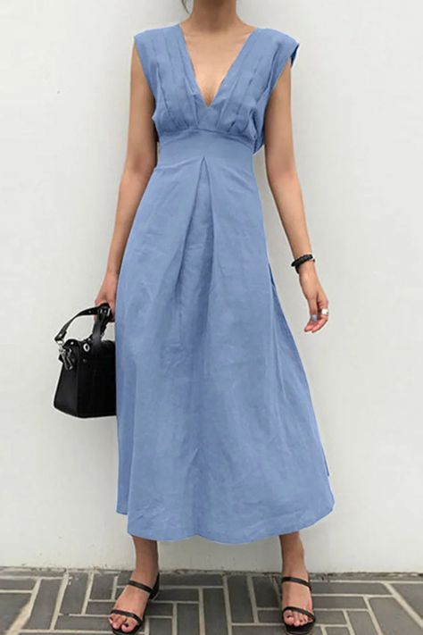 Fashion Casual Solid Patchwork V Neck A Line Dresses(3 Colors) Plain Maxi Dress, Line Dresses, Summer Fashion Dresses, A Line Dresses, Linen Maxi Dress, Kimono Dress, Ruffled Maxi Dress, Draped Dress, Maxi Dress Blue