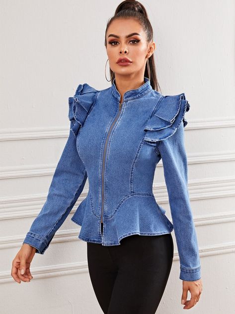 Jacket For Dresses, Bustier Top Outfits Classy, Jacket For Dress, Fashion Denim Jacket, Casual Outfit Summer, Zipper Fashion, Jacket Outfit Women, Blue Plain, Denim Jacket Outfit