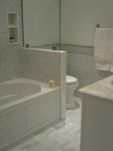 Interior Design Projects for Bathrooms New York | Susan Marocco Interior Designer Westchester New York Marocco Interior, Westchester New York, Bathroom Shelves Over Toilet, Pony Wall, Bathroom Tub Shower, Small Bathtub, Half Walls, Bathtub Remodel, Hall Bathroom