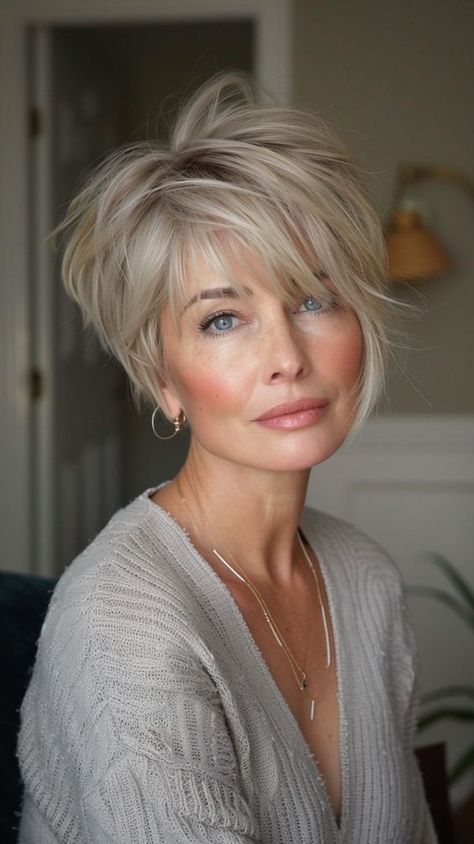 Hairstyles Grey Hair Over 50, Gray Hair Short Styles, Short Blonde Haircuts Pixie, Youthful Hairstyles For Women Over 50, Pixie Cuts For Women Over 50, Women’s Short Haircuts Pixie, Straight Short Hair Styles, Pixie Haircut 2024, Salt And Pepper Pixie Haircut