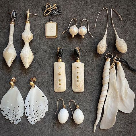Limited Edition Bronze Jewelry on Instagram: “A Whiter Shade of Pale with earrings and necklaces in Mother of Pearl and clay. All earwires and posts are gold filled. #statementjewelry…” Bronze Jewellery, Julie Cohn Design, Handmade Ceramic Jewelry, Contemporary Jewellery Designers, Contemporary Jewelry Design, School Jewelry, Ceramic Necklace, Art Jewelry Contemporary, Bronze Jewelry