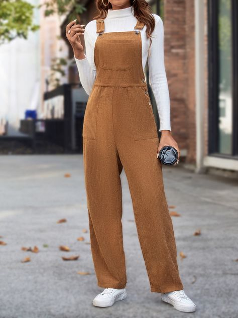 Brown Casual Collar Sleeveless Fabric Plain Overall Embellished Non-Stretch  Women Jumpsuits & Bodysuits Women Jumpsuit Outfits, Casual Pullover Outfit, Jumpsuit Outfit Casual, Walking Outfits, Jumpsuit Outfits, Trendy Jumpsuit, Fashion Top Outfits, Designer Jumpsuits, Causal Outfits