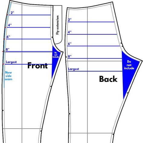 When altering a pants pattern across the front and back hip, start at the largest hip point and gently curve to the waist. Home Decor Baskets, Sew Ins, Seluar Wanita, Altering Pants, Projek Menjahit, Sewing Pants, Sewing Alterations, Pants Sewing Pattern, Techniques Couture