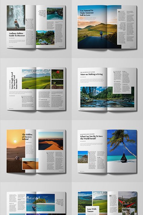 Magazine Template, This can be used for Travel, Nature, Lifestyle or any others purpose. Super simple to edit and customize with your own details! Magazine Format Layout, Travel Magazine Cover Ideas, Travel Catalogue Design Layout, Nature Magazine Design, Feature Magazine Layout, Outdoor Magazine Layout, Travel Catalogue Design, Magazine Cover Travel, Magazine Style Layout