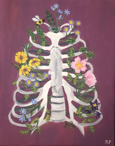 #aesthetic #painting #art #acrylicpainting #ribcage #ribs #floral #flowers #spooky #nature #artinspiration Painting Ideas On Canvas Aesthetic Nature, Ribcage With Flowers Drawing, Halloween Floral Painting, Ribs With Flowers Drawing, Body With Flowers Painting, Diy Floral Canvas Painting, Spooky Szn Painting, Ribcage Art Aesthetic, Ribcage Acrylic Painting