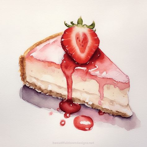 Cheesecake Drawing, Cheesecake Illustration, Dessert Painting, Cheesecake Art, Watercolor Dessert, Cake Watercolor, Watercolor Food Illustration, Desserts Drawing, Drawing Food