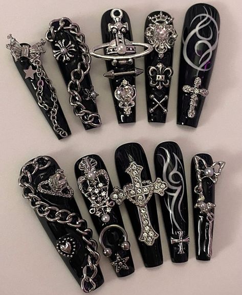 Goth Nail Inspo Coffin, Chain Acrylic Nails, Junk Goth Nails, Gothic Long Nails, Pierced Acrylic Nails, Emo Princess Nails, Goth Bling Nails, Gothic Chrome Nails, Black Chain Nails