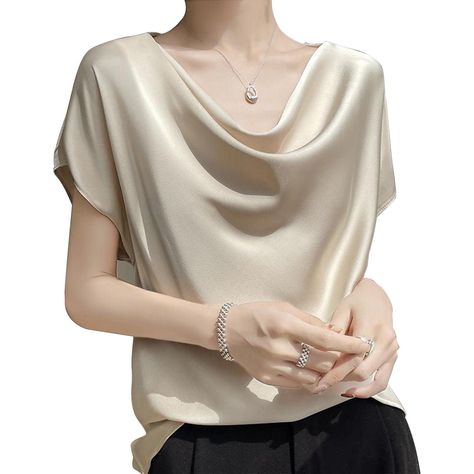 PRICES MAY VARY. 【Material】The classic women short sleeve shirt is made of high quality satin fabric, Design pleated crewneck, short sleeves and silk fabric give you a crisp, polished look. This satin blouse is the synonym for popular, fashion, and leisure. 【Design】Satin tee shirt/Satin silk blouses for women/Women Slik T-shirts/Summer T-shirts for women.The stylish layer neck tee shirts, it can better show off your sexy neck line.Batwing Short Sleeve Top and lustrous satin design makes this blo Satin T Shirt, Blouses Elegant, Collar T Shirt, Fitted Tunic, Satin Short, Short Sleeve Shirt Women, Collar Tshirt, Ladies Tops, Clothing Details