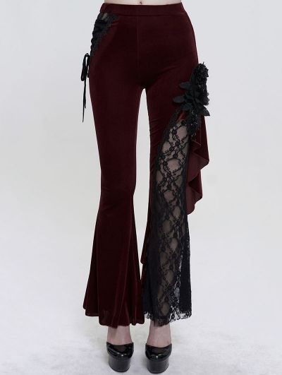 Velvet Bell Bottoms, Gothic Pants, Rock Style Outfits, Rock Style Clothing, Red Flare, Rock Outfit, Flared Trousers, Lace Flower, Flared Pants