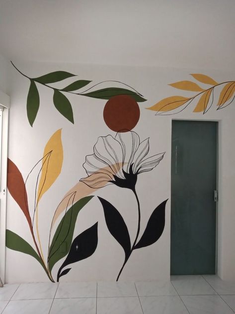 Floral Mural Diy, Boho Wall Painting, Pola Cat Dinding, Simple Wall Paintings, Art Deco Design Graphics, Floral Mural, Doodle Wall, Wal Art, Wall Murals Diy