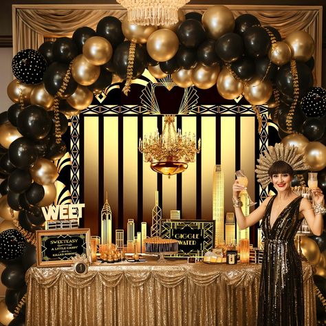 PRICES MAY VARY. ROARING 20S PARTY DECORATIONS - Your roaring 1920s theme party decorations must need this set! Perfect for roaring 20s party decorations, 1920s party decorations, jazz parties, balck & gold theme party, retro jazz party supplies, speakeasy decorations and so on. Comprehensive Kit - The 20s party decor include: roaring 20s theme photography backdrop(150cmX90cm), 70pcs black and gold Balloons, 4pcs roaring twenties party signs. Versatile Pieces - Match the reusable decorations to Masquerade Party Decorations Black And Gold, Great Gatsby Themed Birthday Party, Cotton Club Theme Party, 20s Halloween Party, Flapper Party Roaring 20s, Christmas Speakeasy, Black And Gold Party Decorations Classy, 1920 Party Decorations, Peaky Blinders Party Decorations