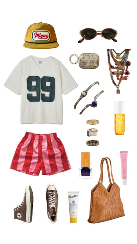 Comfy over sides sporty graphic tee, paired with linen pink and red striped boxers. Add a cute hat, classic converse, and oversized tote. Add your unique touch with vintage or handmade mismatched jewelry. Don’t forget your favorite shades and lip gloss 🩷 Casual Chic, Eclectic Outfit, Eclectic Outfits, Sporty Casual