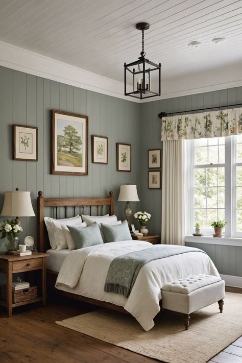 Clay Bedroom Color Palettes, Dusty Blue Bedroom Ideas, Farmhouse Bedroom Inspirations, Cottage Bedroom Ideas, Bedroom Inspirations Cozy, Cozy Cottage Bedroom, Country Cottage Bedroom, French Country Bedroom, Home Decor Ideas Bedroom