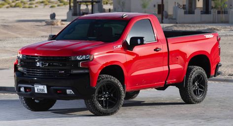 Enjoy a photo gallery of the Middle East-exclusive 2019 Chevrolet Silverado 1500 RST and Trail Boss Regular Cabs Chevy Silverado Single Cab, Silverado Single Cab, Classic Trucks Vintage, 2019 Silverado, Single Cab Trucks, Goodyear Wrangler, Trail Boss, Regular Cab, Chevy Silverado 1500