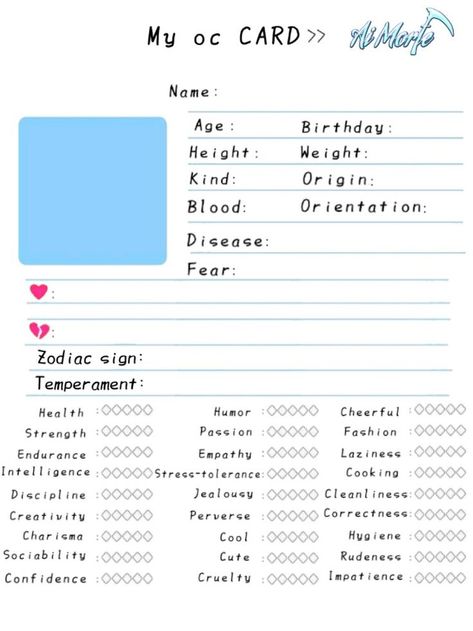 Gacha Character Sheet, Gacha Oc Tips, Character Fill Out Sheet, Character Information Sheet, Character Info Sheet Template, Oc Info Sheet Template, Oc Profile Template, Oc Template Info, Character Info Sheet