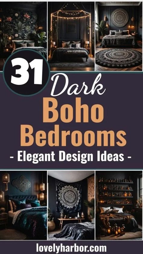 31 Dark Boho Bedroom Sanctuaries: Mystical Elegance & Cozy Vibes 2 Plants For Dark Bedroom, Boho Apartment Bedroom Ideas, Dark Plants Bedroom, Dark Themed Bedroom Aesthetic, Black Bedroom With Accent Wall, Dark Bedroom Walls Color Palettes, Japanese Room Aesthetic Bedroom, Dark Green Accent Wall Bedroom Boho, Classy Dark Bedroom Ideas