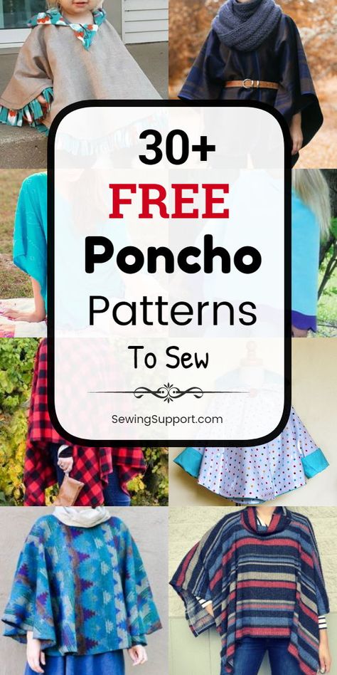 Free Sewing Patterns for Ponchos. 30+ free poncho sewing patterns, tutorials, and diy projects. Sew fabric ponchos for women and kids, including hooded styles. Great easy sewing project for the beginner. Great for fall. #SewingSupport #Poncho #Pattern #Sewing #Free #Diy #Tutorial #Hooded Free Poncho Patterns, Ponchos Diy, Poncho Diy, Poncho Pattern Sewing, Patterns To Sew, Poncho Patterns, Fleece Poncho, Hood Pattern, Sewing Fun