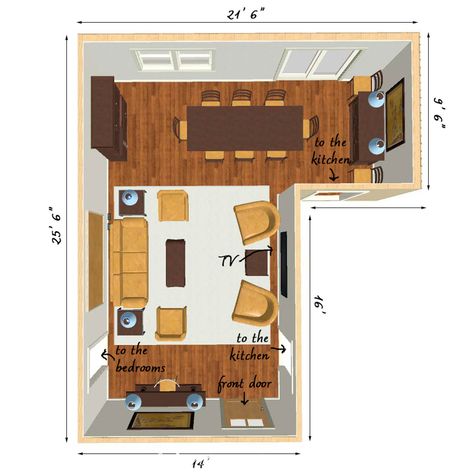 Large dining room layout for L-shaped living room Living Room Dining Room Layout, L Shaped Living Room Layout, Living Room Layout Ideas, L Shaped Living Room, Room Layout Ideas, Dining Room Layout, Furniture Placement Living Room, Small Living Room Layout, Open Kitchen And Living Room