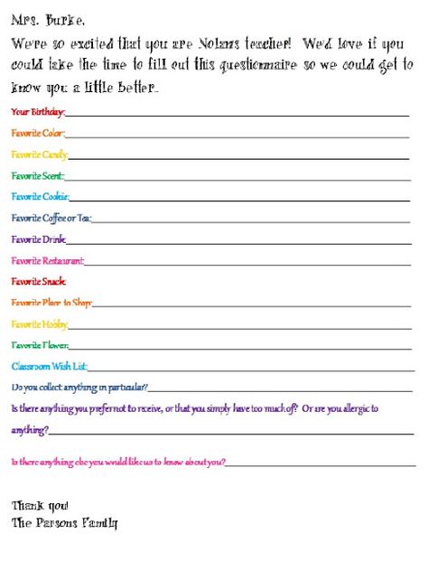 The Almost Perfectionist: Teacher Questionnaire Santa Questionnaire, Teacher Questionnaire, Hospitality Ideas, Paraprofessional Gifts, Secret Santa Questionnaire, Teacher Survey, Sunshine Committee, Big School, Secret Pal