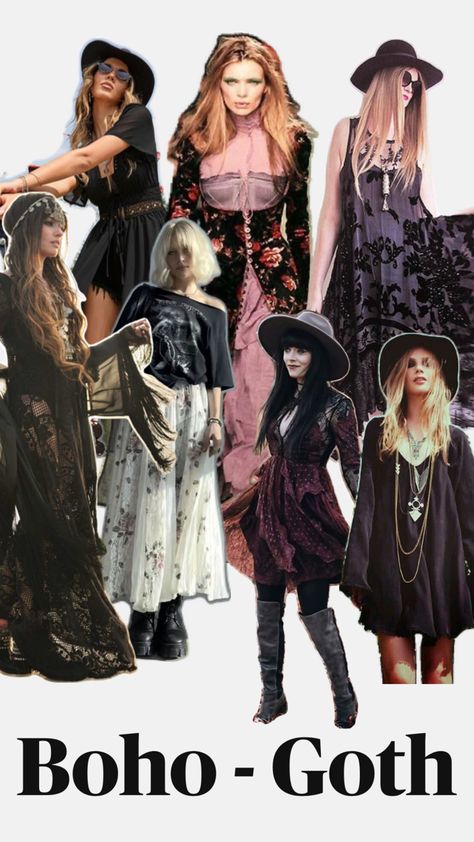 Boho goth style inspiration for women Boho Fantasy Outfit, Folk Rock Aesthetic Outfit, Witchy Concert Outfits, Boho Goth Style, Coastal Gothic Outfits, Celestial Goth Outfit, Goth Grandma Aesthetic, 70s Goth Aesthetic, Dark Bohemian Aesthetic