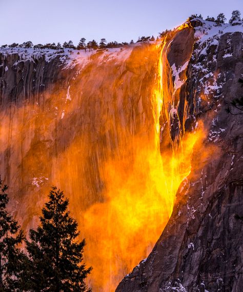 Horsetail Fall appears as if it is on fire when the sun illuminates the waterfall from just the right angle. Nature, Fire Waterfall, Yosemite Firefall, Yosemite National Park Photography, Yosemite Waterfalls, Yosemite Photography, Horsetail Falls, Yosemite Trip, Yosemite Park