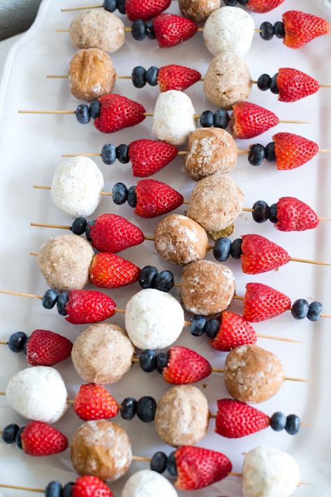 Brunch For The Ladies, Fruit And Donut Hole Kabobs, Brunch Ladies Party, Donut Hole Skewers Brunch Ideas, Valentine��’s Day Kabobs, Breakfast Individual Servings, Donut Kabobs Doughnut Holes, Donut Skewers Doughnut Holes, Easy Holiday Brunch Ideas