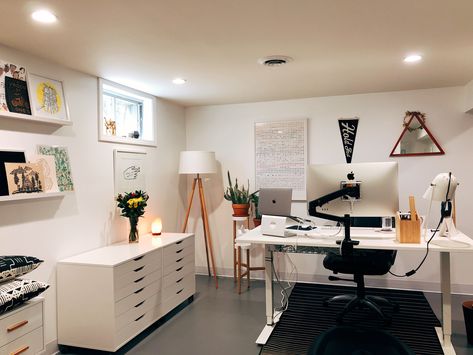 Ikea Office Set Up, Ikea Furniture Office, Work From Home Office Basement, Ikea Office Desks, Bright Basement Office, Basement Office Guest Room Combo, Basement Office Gym Combo, Home Office Inspiration Men, Basement Office And Guest Room