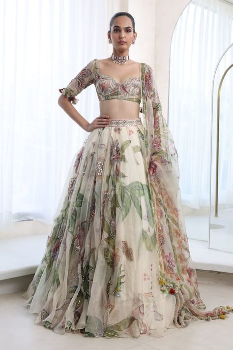 Ivory lehenga with floral print in a flowy silhouette, embellished by sequins. Comes with matching blouse and dupatta. - Aza Fashions Simple Bride Lehenga, Haute Couture, Couture, Indian Wedding Outfits Saree, Ivory Lehenga, Mahima Mahajan, Print Lehenga, Lehenga Style Saree, Indian Bridesmaid Dresses