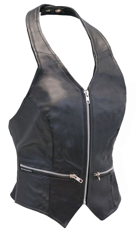 Soft and comfortable leather halter top at a great sale price. This zip front black halter neck top comes with adjustable neck strap, two small front zipper pockets, wide back elastic stretch for a perfect fit and full nylon lining. Haute Couture, Leather Vest Outfit, Leather Halter Top, Halter Vest, Black Leather Vest, Leather Halter, Leather Bustier, Black Halter, Boho Chic Outfits