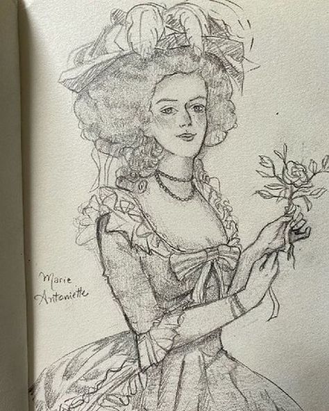 Axel on Instagram: "The beautiful Queen Marie Antoinette, in silk dress, holding a rose at the Petit Trianon, after the 1783 Vigee LeBrun painting of the Queen when she was 27 years old. This fine portrait of the Queen by @dudalittle2004 The artist writes – Umas princesas europeias⏳🍰 - some european princesses - #traditionalart #sketchdrawing #sketching #sketchbook #marieantoinette #pencilsketch #referenceddrawing #europeanroyalty My added hashtags - #louisxvi #mariaantonieta #maria Courtroom Sketch, Marie Antoinette Sketch, Marie Antoinette Drawing, Marie Antoinette Art, Royal Drawing, Queen Marie Antoinette, Marie Antoinette Movie, Princess Sketches, Holding A Rose