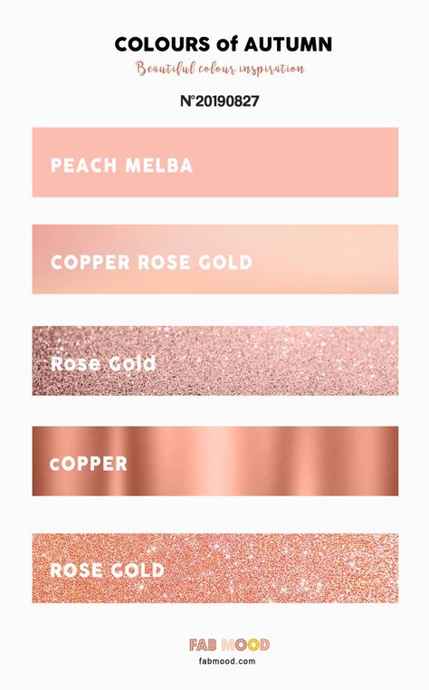 Autumn Color 2019 - Metallic Color Palettte { Rose Gold Copper Peach Melba } #color #metallic #fallwedding Rose Gold Colour Scheme, Wedding Colors Rose Gold Colour Palettes, Rose Gold And Bronze Wedding Theme, Copper And Rose Gold Wedding, Colours That Go With Rose Gold, Rose Gold Color Swatch, Rose Gold And Peach Wedding, Colour Palette Rose Gold, Metallic Colors Palette