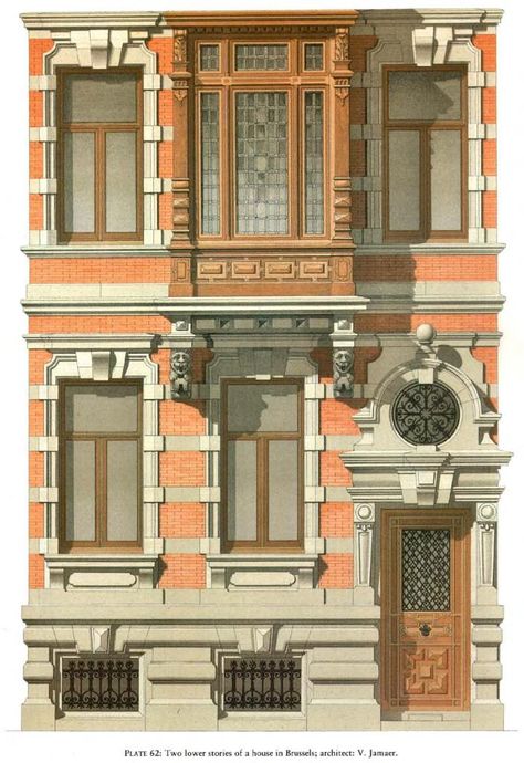 Detail of a residence, Brussel Victorian Architecture, Fasad Design, Detail Arsitektur, Classic Facade, Brick Architecture, Architectural Prints, Classic Architecture, घर की सजावट, Building Facade