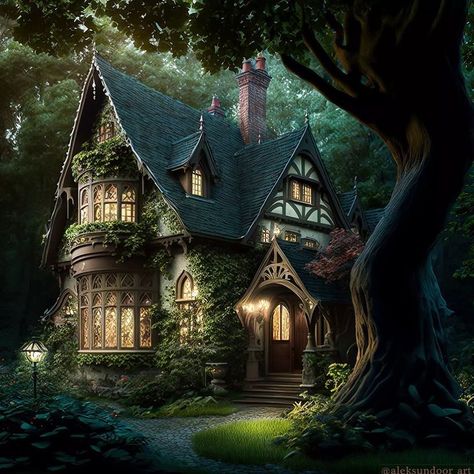 English Cottage In The Woods, Magical House Design, Magic House Art, Fantasy Home Art, Fantasy Art House, Fantasy House Art, Houses In The Forest, Esthetic House, Magic Cottage