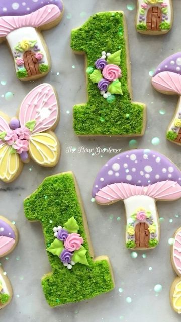 Enchanted Forest Theme Cookies, Fairy Birthday Cookies Decorated, Mushroom Fairy First Birthday, Fairy Birthday Party Cookies, Enchanted Garden Cookies, Fairy Sugar Cookies Decorated, Fairy First Cookies, Toadstool Birthday Party, Fairy Garden Cookies Decorated