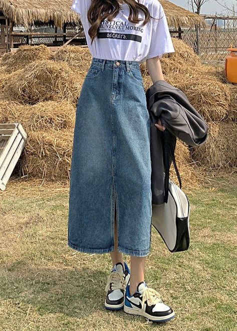 Fashion Denim Blue High Waist Side Open Cotton A Line Skirt Summer - S(Fit for EU 38-40, US 6-8, UK/AU 10-12, IT 42-44) Cute Long Jean Skirt Outfits, Long Blue Denim Skirt Outfit, Denim A Line Skirt Outfit, Demin Long Skirt, Jean Long Skirt Outfits, Summer Long Skirt Outfits, Denim Skirt Styling, Blue Denim Skirt Outfit, Denim Long Skirt Outfit