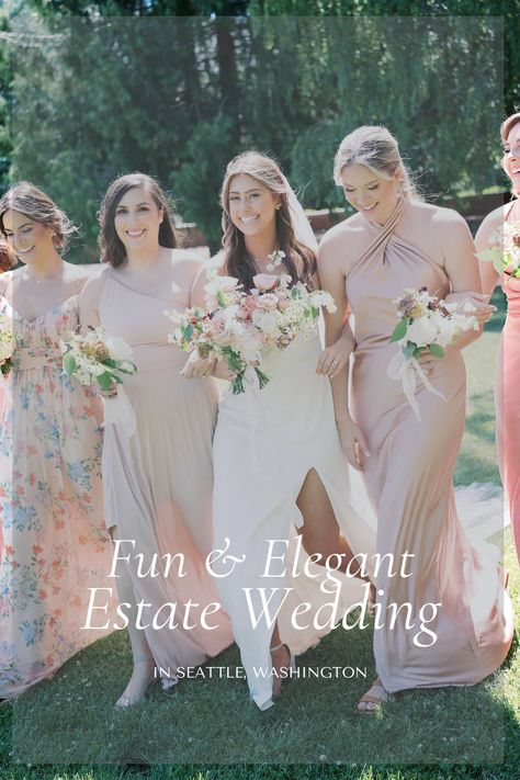 Fun and Elegant Estate Wedding in Seattle, Washington | Oakshire Estate Wedding | Seattle Weddings | Washington State Weddings | Pink Bridesmaids Dresses | Pink mix and match bridesmaid dresses | Outdoor Seattle Wedding Bridesmaids Dresses Pink, Mix And Match Bridesmaid Dresses, Pink Bridesmaids Dresses, Pink Bridesmaids, Pink Bridesmaid Dress, Classic Romance, Bridesmaid Getting Ready, Color Palette Pink, Pink Bridesmaid Dresses