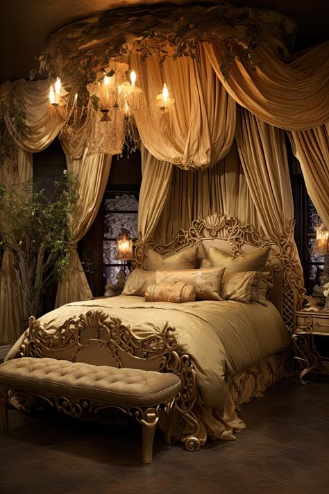 Dark Princess Room Aesthetic, Romanticism Bedroom, Victorian Styled Bedroom, Baroque Inspired Bedroom, Fantasy Bedroom Royal, French Baroque Bedroom, 1700 Bedroom, 1700s Bedroom, 1800s Bedroom Aesthetic