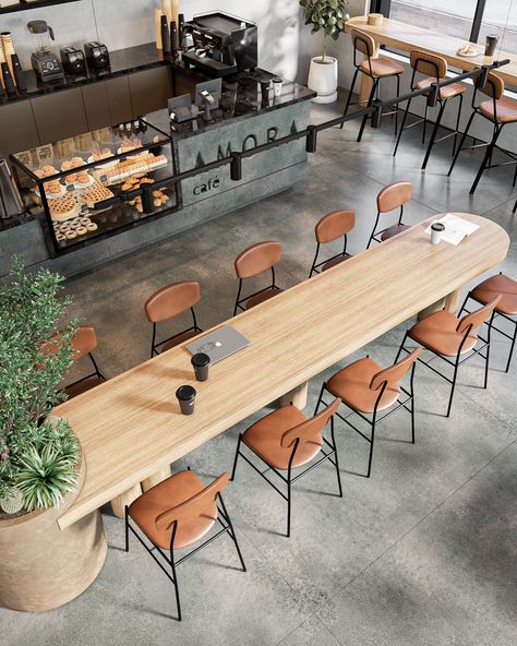 Workspace Cafe Design, Long Cafe Table, Social Table Cafe, Cafe Window Seating Ideas, Cafetaria Office Design, Coffee Shop Meeting Room, Coffee Shop Coworking Space, Co Working Cafe Design, Cafe Communal Table