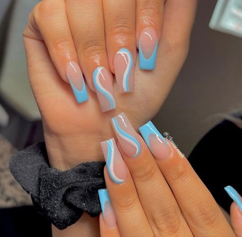 Nails Acrylic Different Colors, Pink And Blue Design Nails, Nail Designs Square Shape Classy, Cute Nails Acrylic Coffin Summer, Cute Tips Nails, Nails Acrylic Designs Blue, Frenc Nails, Short Beautiful Nails, French With Rhinestones Nails