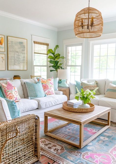 Coastal Cottage Design Ideas, Costal Colorful Living Room, Preppy Chic Living Room, Beachy Coastal Living Room, Colorful Beach Living Room, White And Colorful Living Room, Colorful Beach House Living Room, Beachy Glam Living Room, Coastal Boho Living Room Ideas