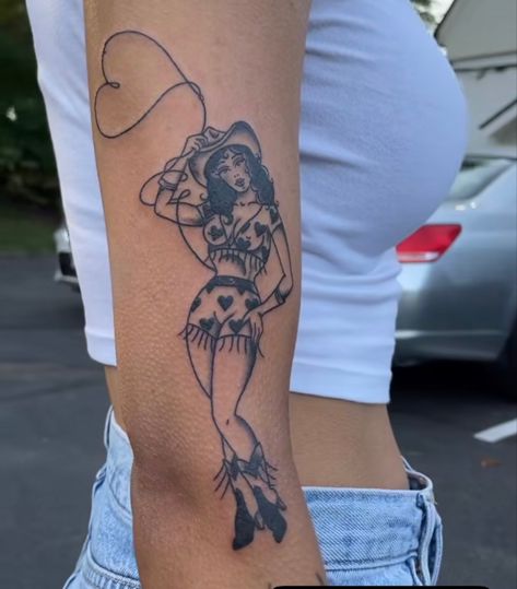 Pinup Sleeve Tattoo, American Trad Cowgirl, Trad Leg Tattoos Women, Country American Traditional Tattoo, Lasso Heart Tattoo, Women Tattoos Traditional, American Traditional Tattoos On Women, Tattoo Of Cowgirl, Pinup Flash Tattoo