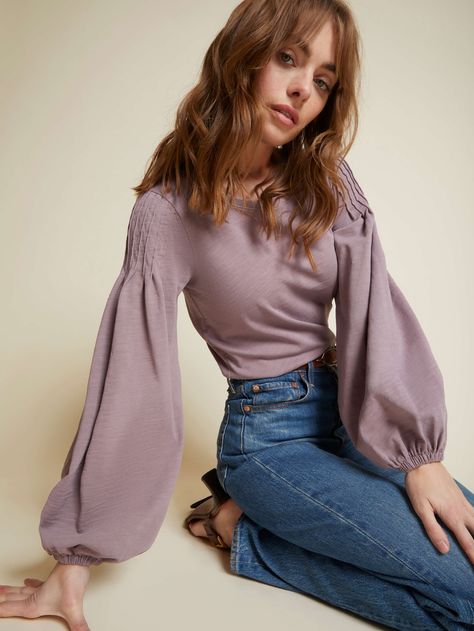 NATION LTD Sabine Balloon Sleeve Top Pretty Long Sleeve Tops, Romantic Style Business Casual, Earthy Romantic Style, Modest Petite Outfits, Romantic Kibbe Winter Outfits, Romantic Archetype Style, Romantic Outfits Winter, Romantic Looks For Women, Casual Soft Classic Outfits