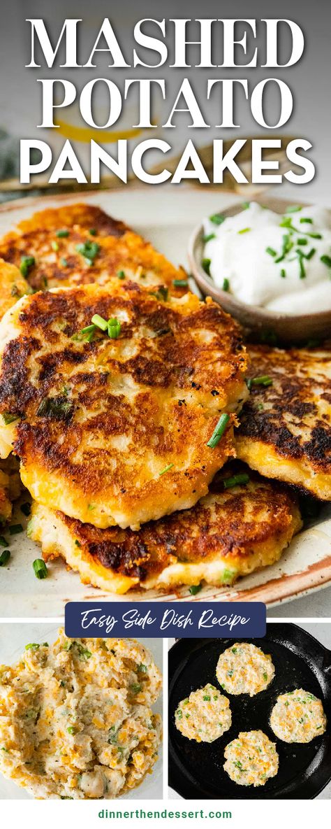 Mashed Potato Pancakes are hot, buttery, and crispy with cheddar cheese, green onions, and garlic. Super easy to make on the stovetop! Potato Pancakes With Mashed Potatoes, Mashed Potato Pancakes Easy, Breakfast Mashed Potatoes, Potato Cakes From Mashed Potatoes, Recipes With Mashed Potatoes, English Potatoes, Pierogi Recipes, Bacon Cheddar Potatoes, Potato Pancakes Easy