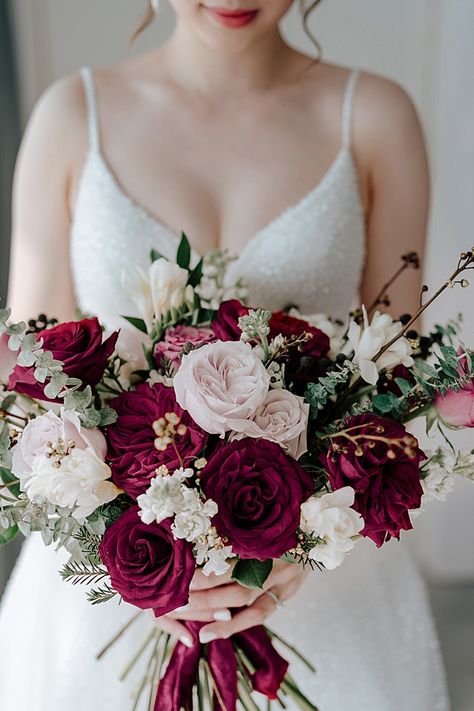 Romantic blush and burgundy wedding bouquet with classic flowers and roses - Madiow Photography | This Timeless Burgundy Wedding has All The Spring Inspiration You Need #weddingbouquet #bouquet #weddings #flowers #weddingflowers #bridalbouquet #floral Pre Wedding Bouquet, Burgundy Blush Bridal Bouquet, White Burgundy Bouquet, Burgandy Wedding Flowers Bouquets, Burgundy Wedding Flowers Bridal Bouquets, Burgundy And White Bouquet, Real Flowers Bouquet, Bride Bouquet Burgundy, Burgundy Flower Bouquet