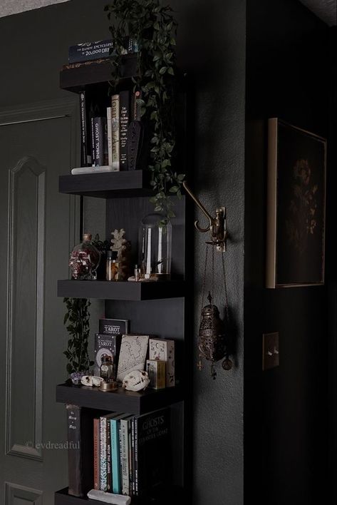 Oddities Room Aesthetic, Goth Aesthetic Interior, Chic Gothic Decor, Witchy Home Office Aesthetic, Tarot Office Decor, Gothic Reading Corner, Black Vintage Room Aesthetic, Goth Home Aesthetic Modern, Black Aesthetic Office