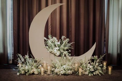 Moon Themed Quinceanera, Crescent Moon Backdrop, Moonlight Theme, Moon Wedding Theme, Moon Backdrop, Celestial Wedding Theme, Event Backdrops, Sailor Moon Wedding, Starry Wedding