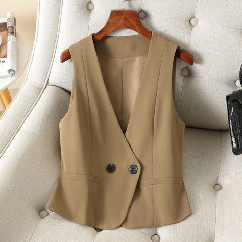2023 Women Summer Vests Coats Casual Solid Sleeveless V-Neck Two Buttons Waistcoat Female Elegant Office Lady Vest Clothing T44 black-M Sleeveless Blazer, Summer Vest, Elegant Coats, Elegant Office, Style Basic, Coat For Women, Sleeveless Jacket, Black Vest, Vest Outfits